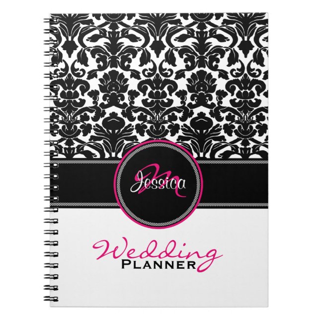 Monogram Pink Black White Damask Wedding Planner Notebook (Front)