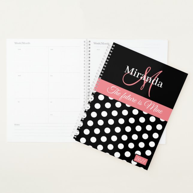 Monogram Pink Black White Polka Dot Planner (Display)