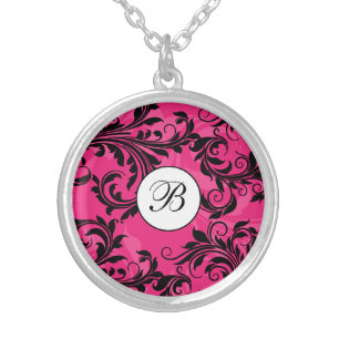 Monogram Pink Black White Scroll Necklace