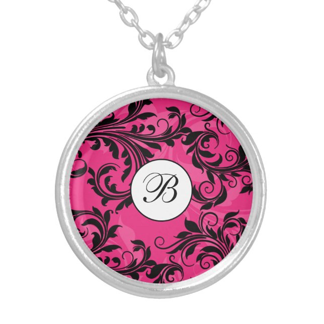 Monogram Pink Black White Scroll Necklace (Front)