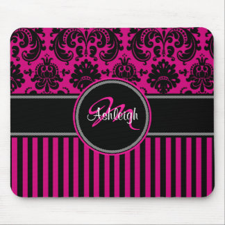 Monogram Pink Black White Stripe Damask Mousepad