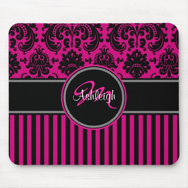 Monogram Pink Black White Stripe Damask Mousepad (Front)