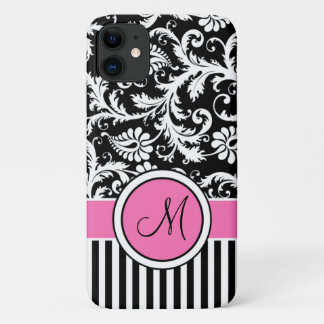 Monogram Pink, Black, White Striped Damask Case