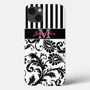 Monogram Pink Black White Striped Damask iPad Air iPhone 13 Case