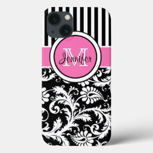 Monogram Pink, Black, White Striped Damask iPad iPhone 13 Case