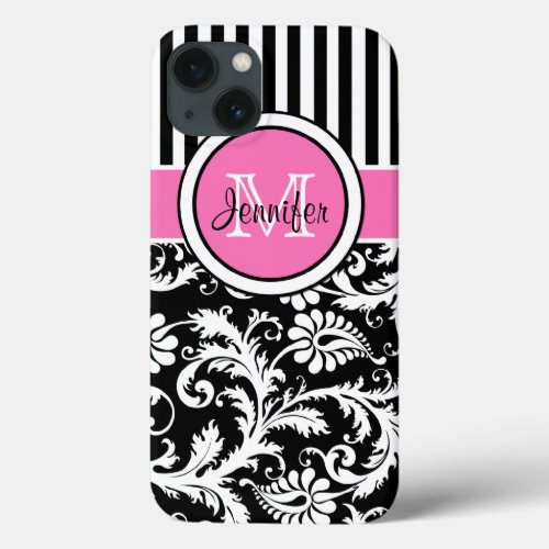 Monogram Pink Black White Striped Damask iPad iPhone 13 Case