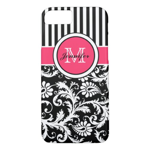 Monogram Pink Black White Striped Damask iPhone 77 iPhone 87 Case