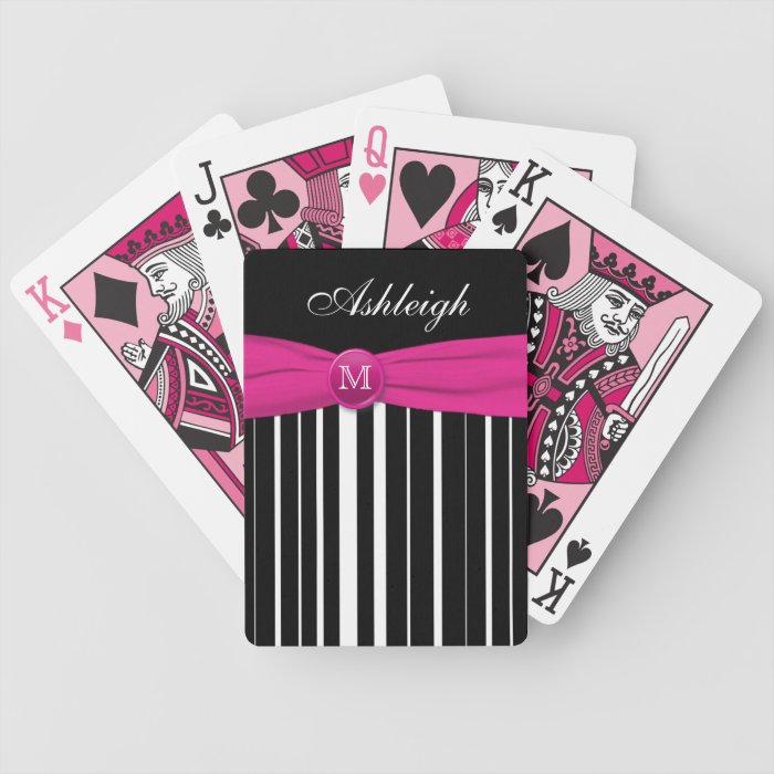 Monogram Pink Black White Striped Playing Cards