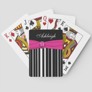 Monogram Pink Black White Striped Playing Cards
