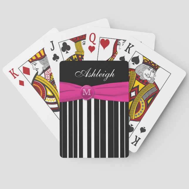 Monogram Pink Black White Striped Playing Cards (Back)