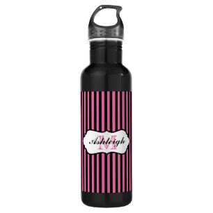 Monogram Pink, Black, White Striped Water Bottle