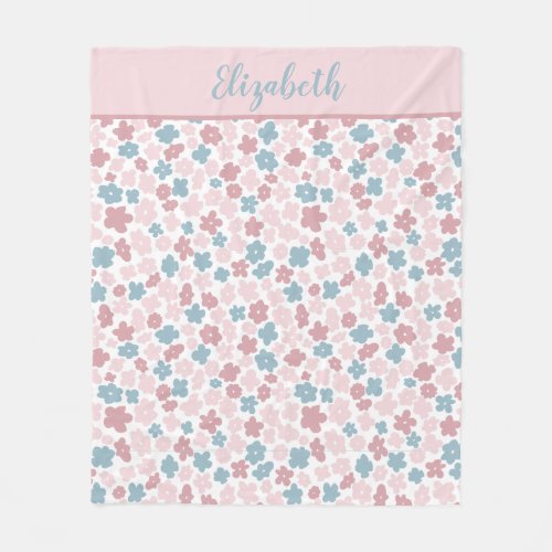 Monogram Pink Blue Floral Modern Boho Trendy Gift Fleece Blanket