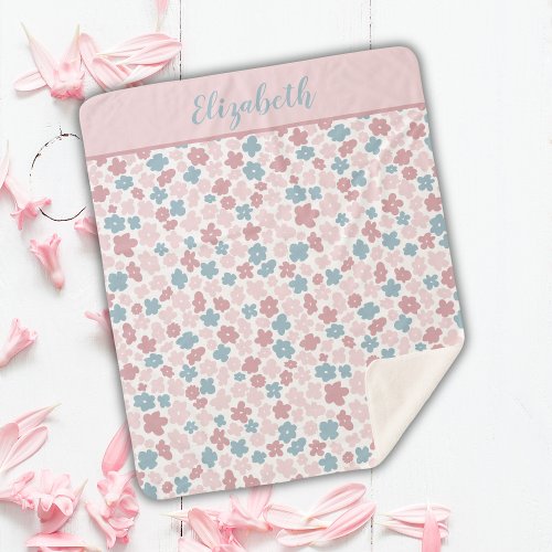 Monogram Pink Blue Floral Modern Boho Trendy Gift  Sherpa Blanket