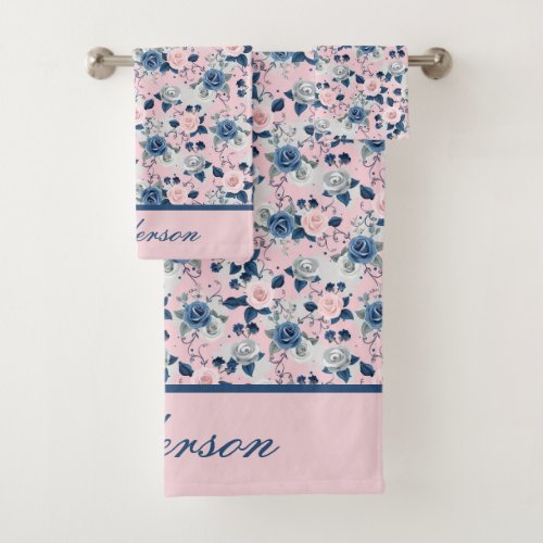 Monogram Pink Blue Floral Roses Elegant Gift Bath Towel Set