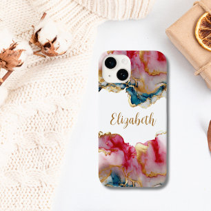 Monogram Pink Blue Gold Wash Watercolor Abstract Case-Mate iPhone 14 Case