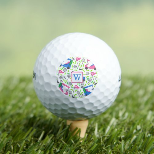 Monogram Pink Blue Green Golf Preppy  Golf Balls