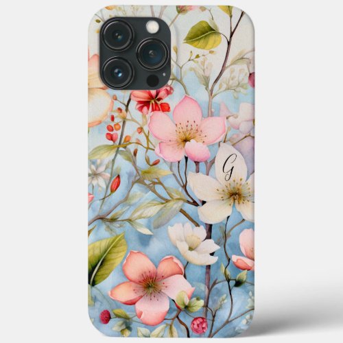 Monogram Pink Blue Green White Floral Greenery  iPhone 13 Pro Max Case