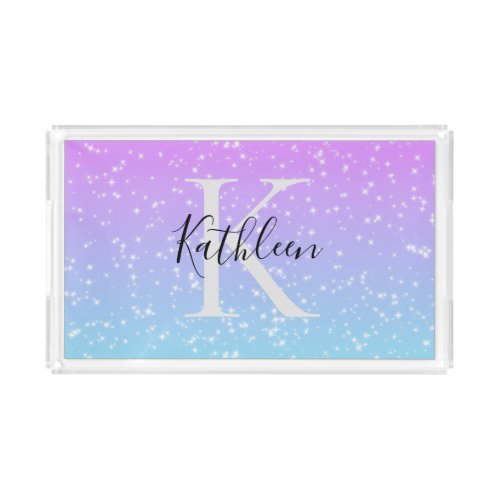 Monogram Pink Blue Ombre Sparkle Acrylic Tray