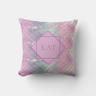 Monogram Pink Blue Silver Glitter Mermaid Scales Throw Pillow