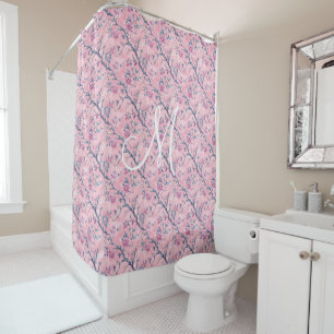 Monogram Pink Blue Toile Chinoiserie Floral Shower Curtain