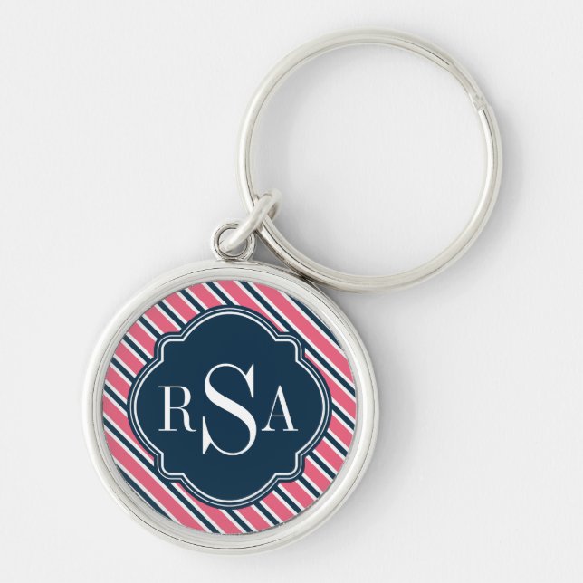 Monogram Pink Blue White Stripe Pattern Keychain (Front)