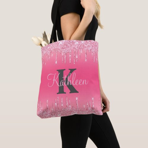 Monogram Pink Blush Dripping Glitter Rose Gold Tote Bag