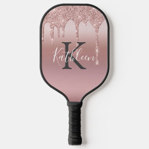 Monogram Pink Blush Rose Gold Dripping Glitter  Pickleball Paddle