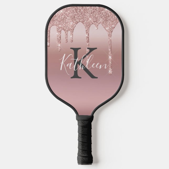 Monogram Pink Blush Rose Gold Dripping Glitter  Pickleball Paddle (Front)