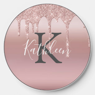 Monogram Pink Blush Rose Gold Dripping Glitter Wireless Charger