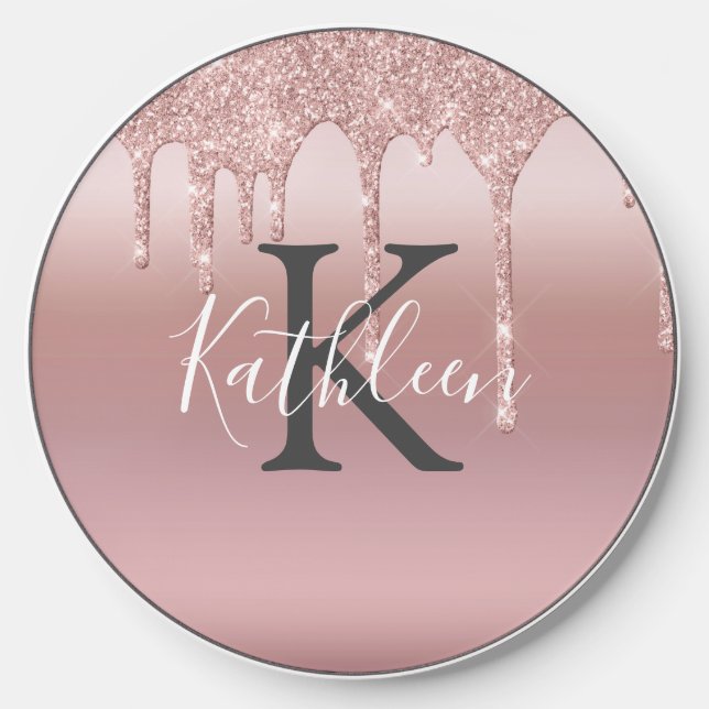 Monogram Pink Blush Rose Gold Dripping Glitter Wireless Charger (Front)