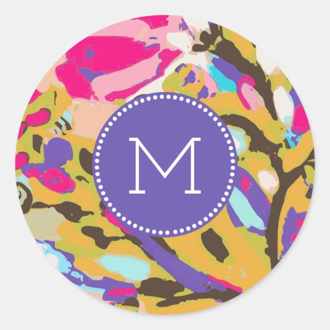 Monogram | Pink Boho Floral I Classic Round Sticker (Front)