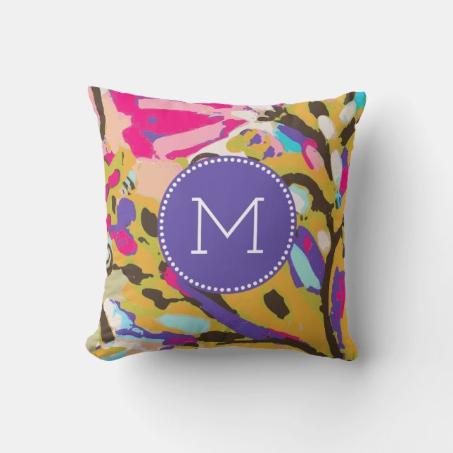 Monogram | Pink Boho Floral I Throw Pillow (Front)