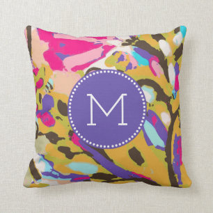 Monogram   Pink Boho Floral I Throw Pillow