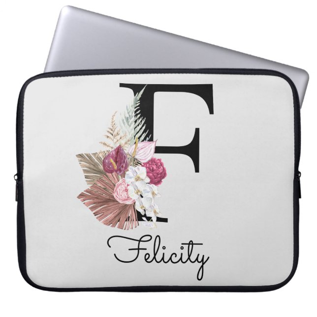 Monogram Pink Boho Floral Initial F Laptop Sleeve (Front)