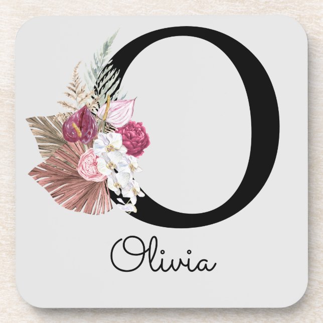 Monogram Pink Boho Floral Initial O Beverage Coaster (Front)