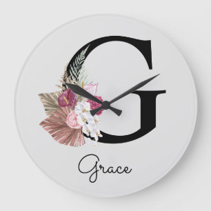 Monogram Pink Boho Girly Floral Initial G Large Clock