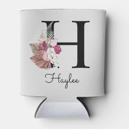 Monogram Pink Boho Girly Floral Initial H Can Cooler