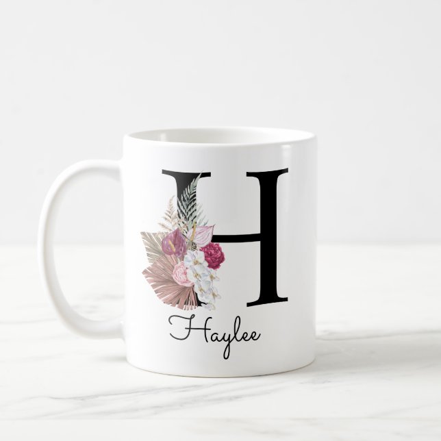 Monogram Pink Boho Girly Floral Initial H Coffee Mug (Left)