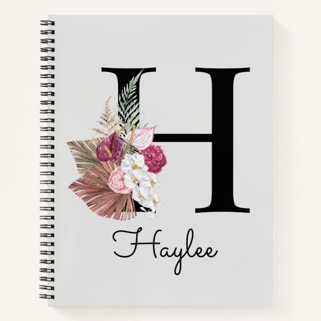 Monogram Pink Boho Girly Floral Initial H Notebook (Front)