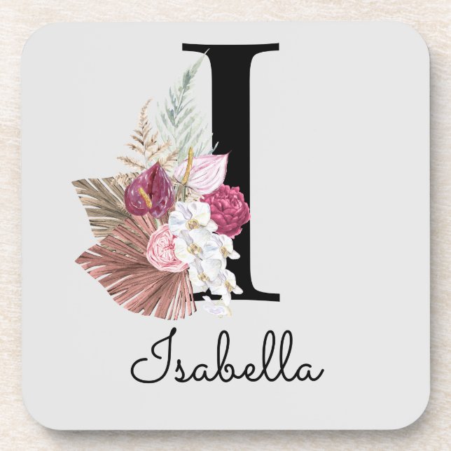 Monogram Pink Boho Girly Floral Initial I Beverage Coaster (Front)