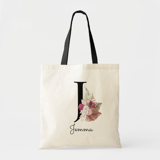 Monogram Pink Boho Girly Floral Initial J Tote Bag (Front)