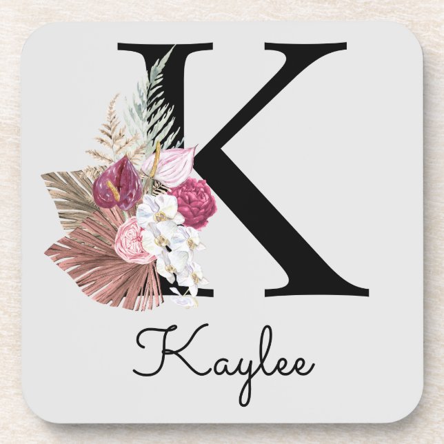 Monogram Pink Boho Girly Floral Initial K Beverage Coaster (Front)