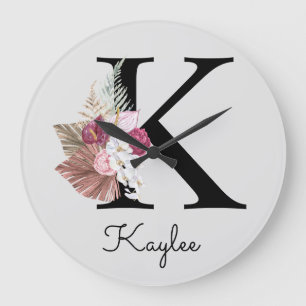 Monogram Pink Boho Girly Floral Initial K Large Clock