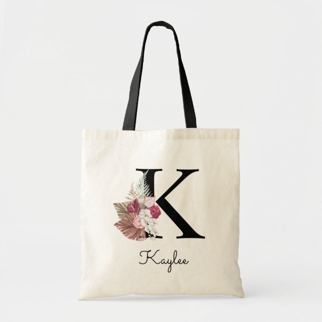 Monogram Pink Boho Girly Floral Initial K Tote Bag (Front)