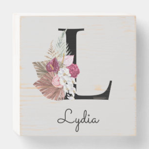 Monogram Pink Boho Girly Floral Initial L Wooden Box Sign