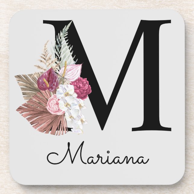 Monogram Pink Boho Girly Floral Initial M Beverage Coaster (Front)