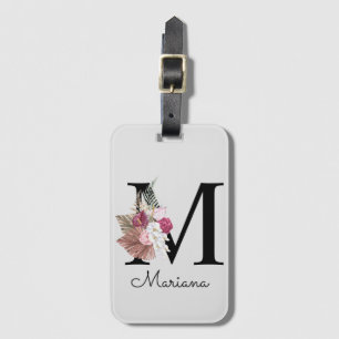 Monogram Pink Boho Girly Floral Initial M Luggage Tag