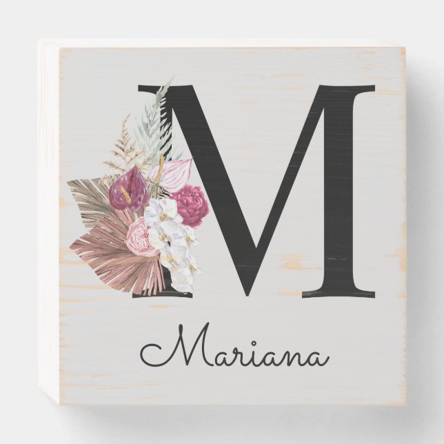 Monogram Pink Boho Girly Floral Initial M Wooden Box Sign (Front Horizontal)