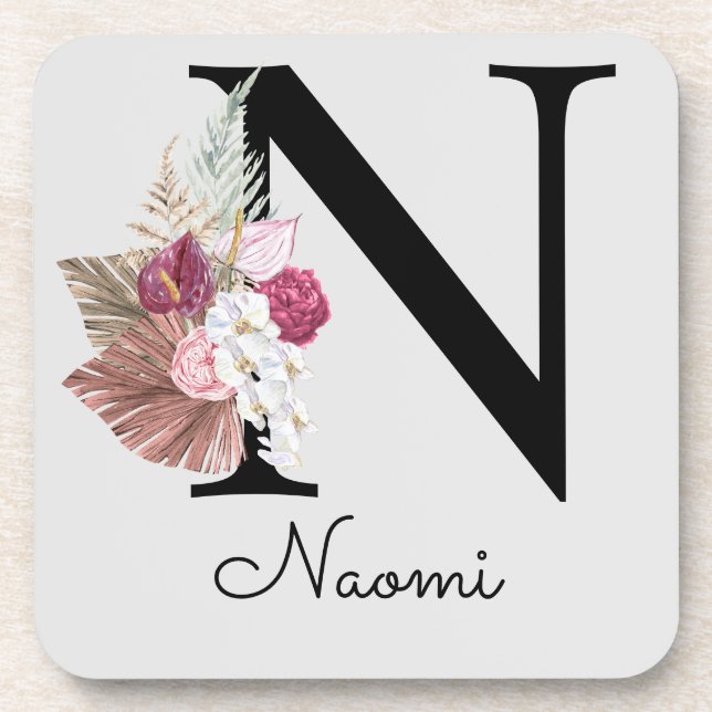 Monogram Pink Boho Girly Floral Initial N Beverage Coaster (Front)