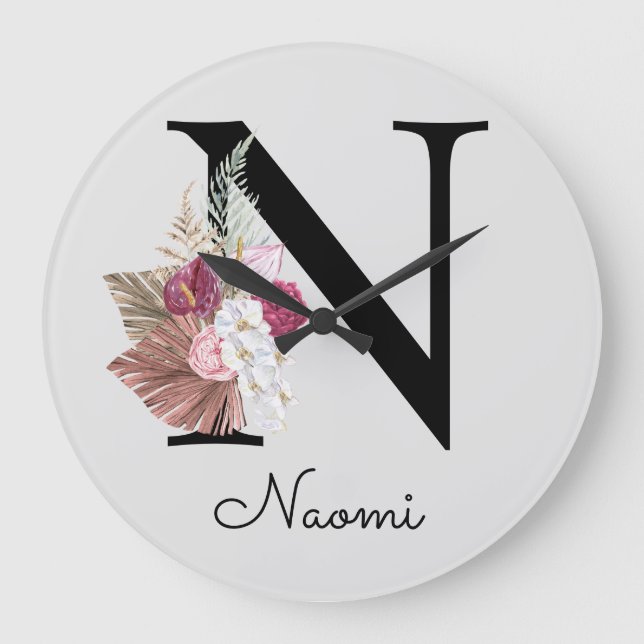 Monogram Pink Boho Girly Floral Initial N Large Clock (Front)